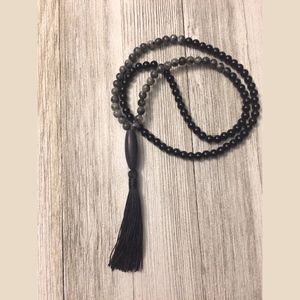 108 6MM Larvikite Bead Mala w/Onyx & Silk Tassel